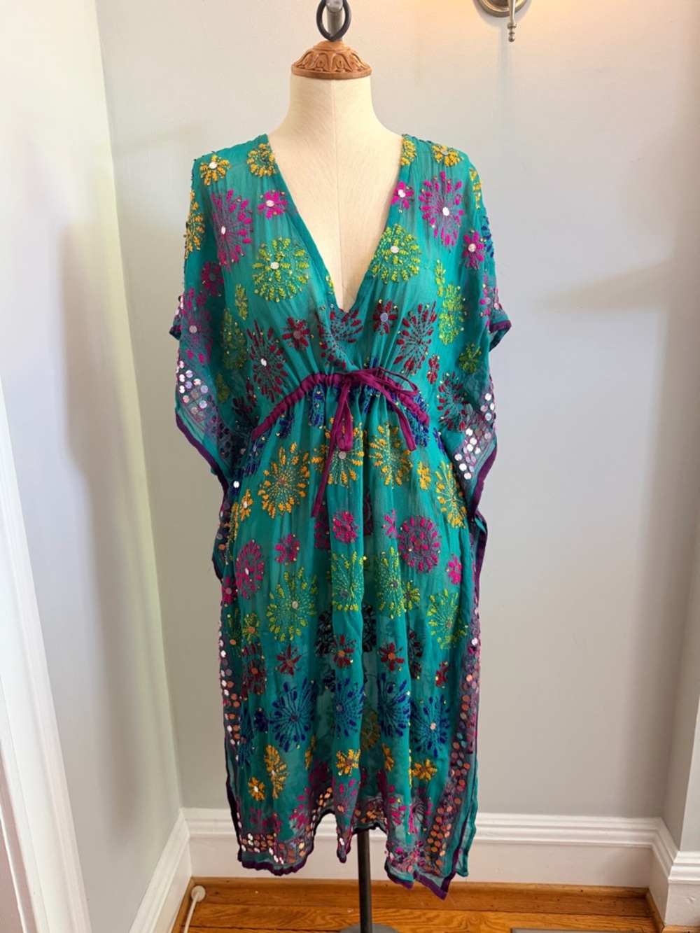 Raz from Anthropologie Embroidered Teal V-Neck Boho Cover Up